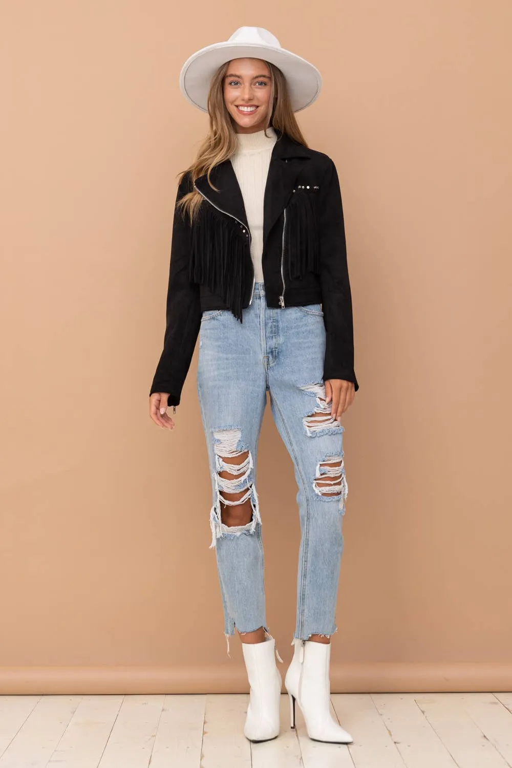 32266J - Suede Studded Fringe Moto Jacket: BLACK / M