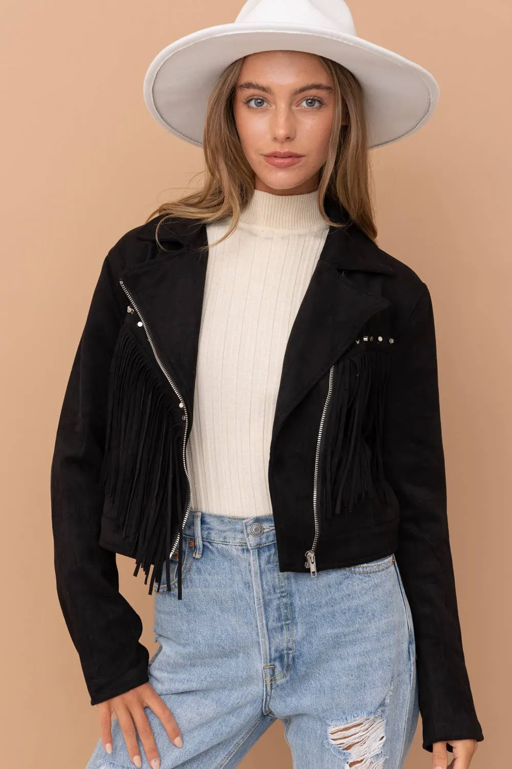 32266J - Suede Studded Fringe Moto Jacket: BLACK / M