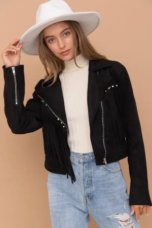 32266J - Suede Studded Fringe Moto Jacket: BLACK / M