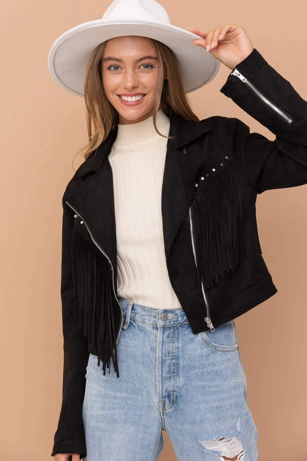 32266J - Suede Studded Fringe Moto Jacket: BLACK / M