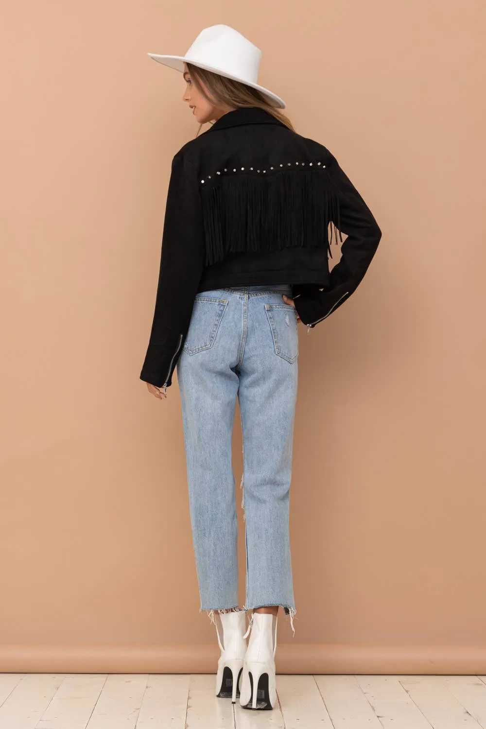 32266J - Suede Studded Fringe Moto Jacket: BLACK / M