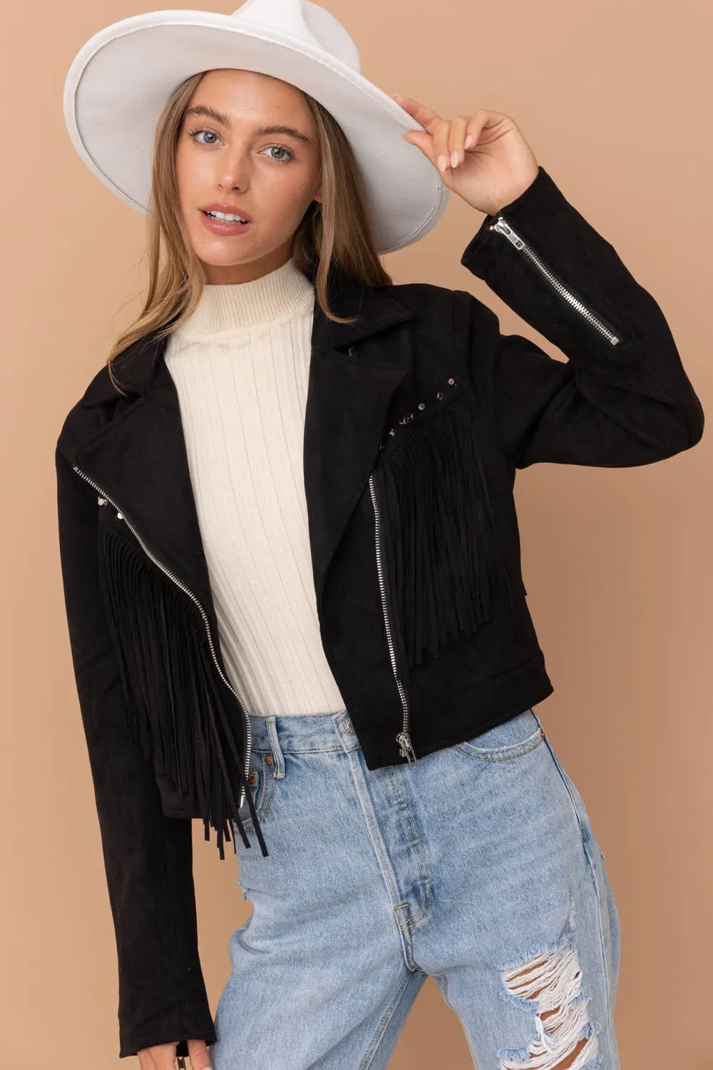 32266J - Suede Studded Fringe Moto Jacket: BLACK / M