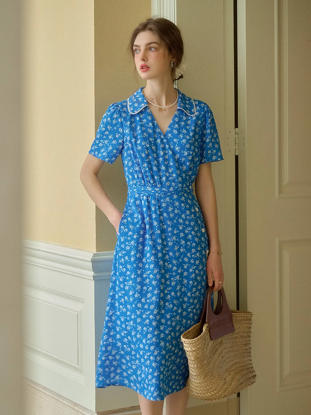 Alba V-Neck X-Line Floral Tea Dress