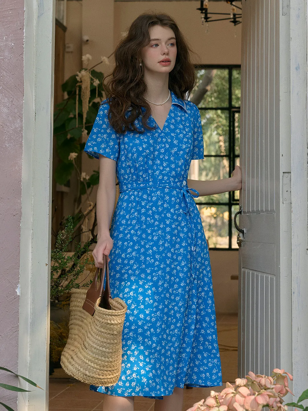 Alba V-Neck X-Line Floral Tea Dress