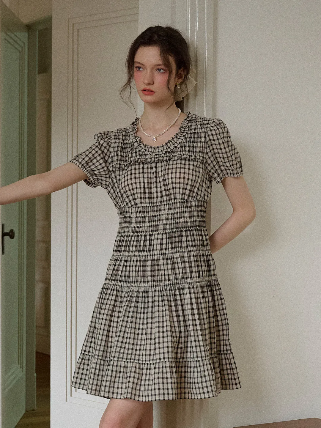 Avery Ruffle Round Neck Plaid Cotton Dress