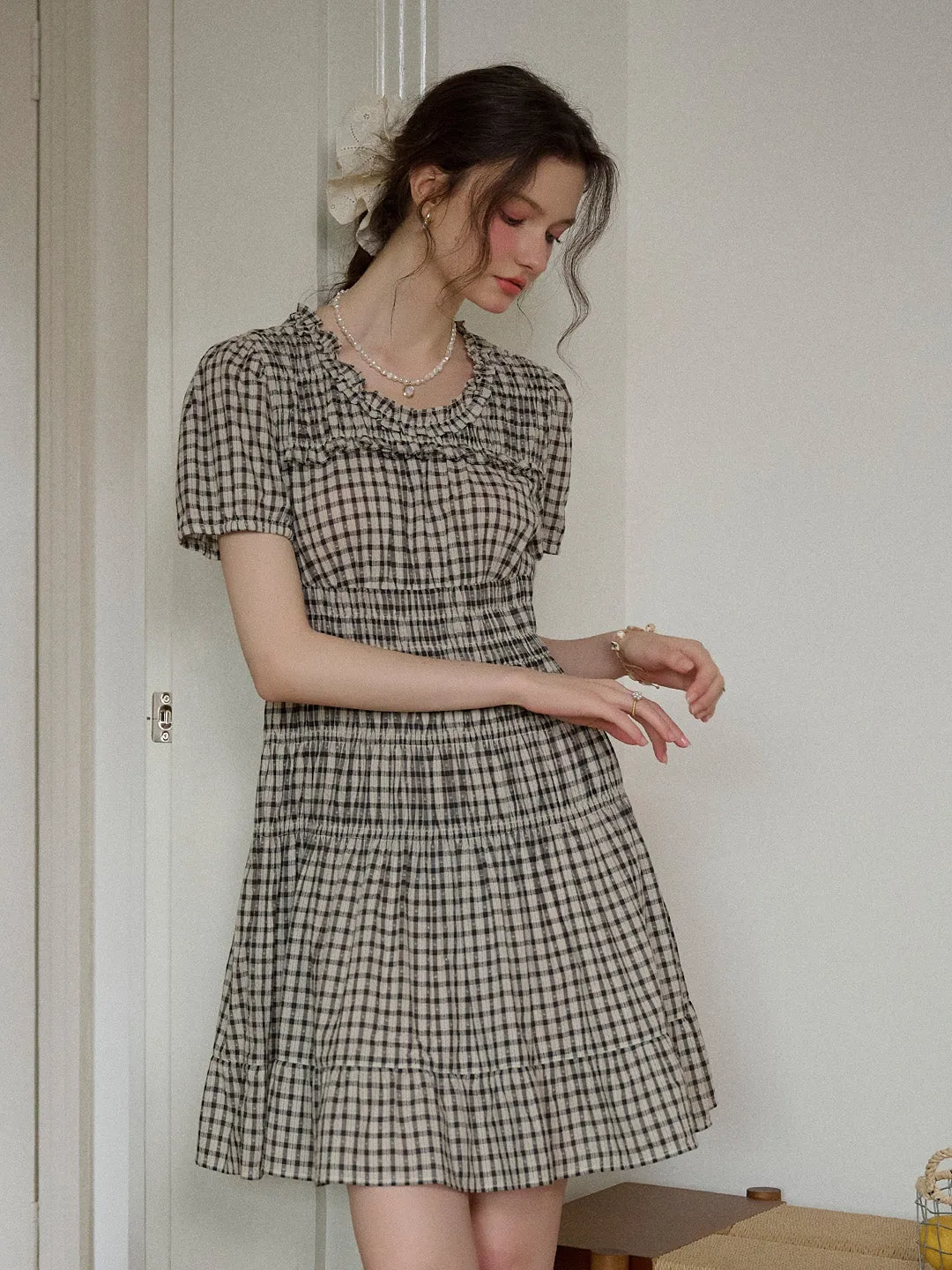 Avery Ruffle Round Neck Plaid Cotton Dress
