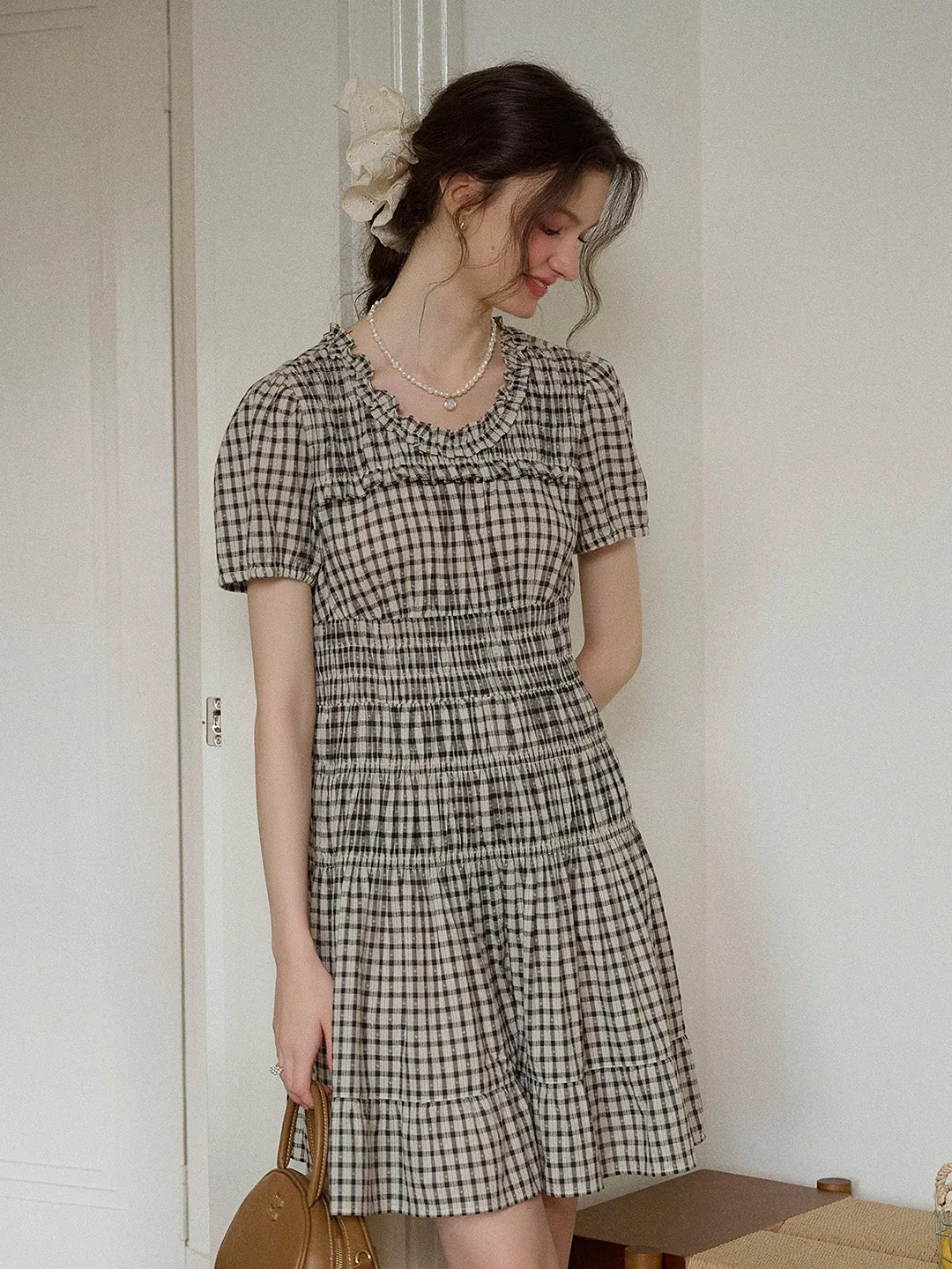 Avery Ruffle Round Neck Plaid Cotton Dress
