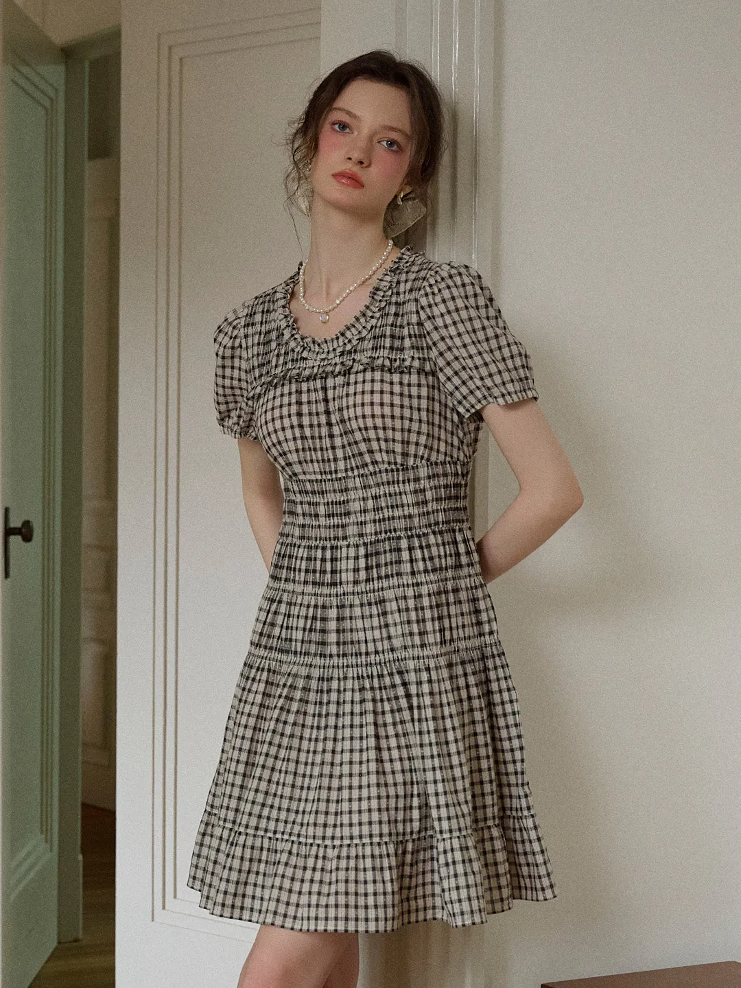 Avery Ruffle Round Neck Plaid Cotton Dress