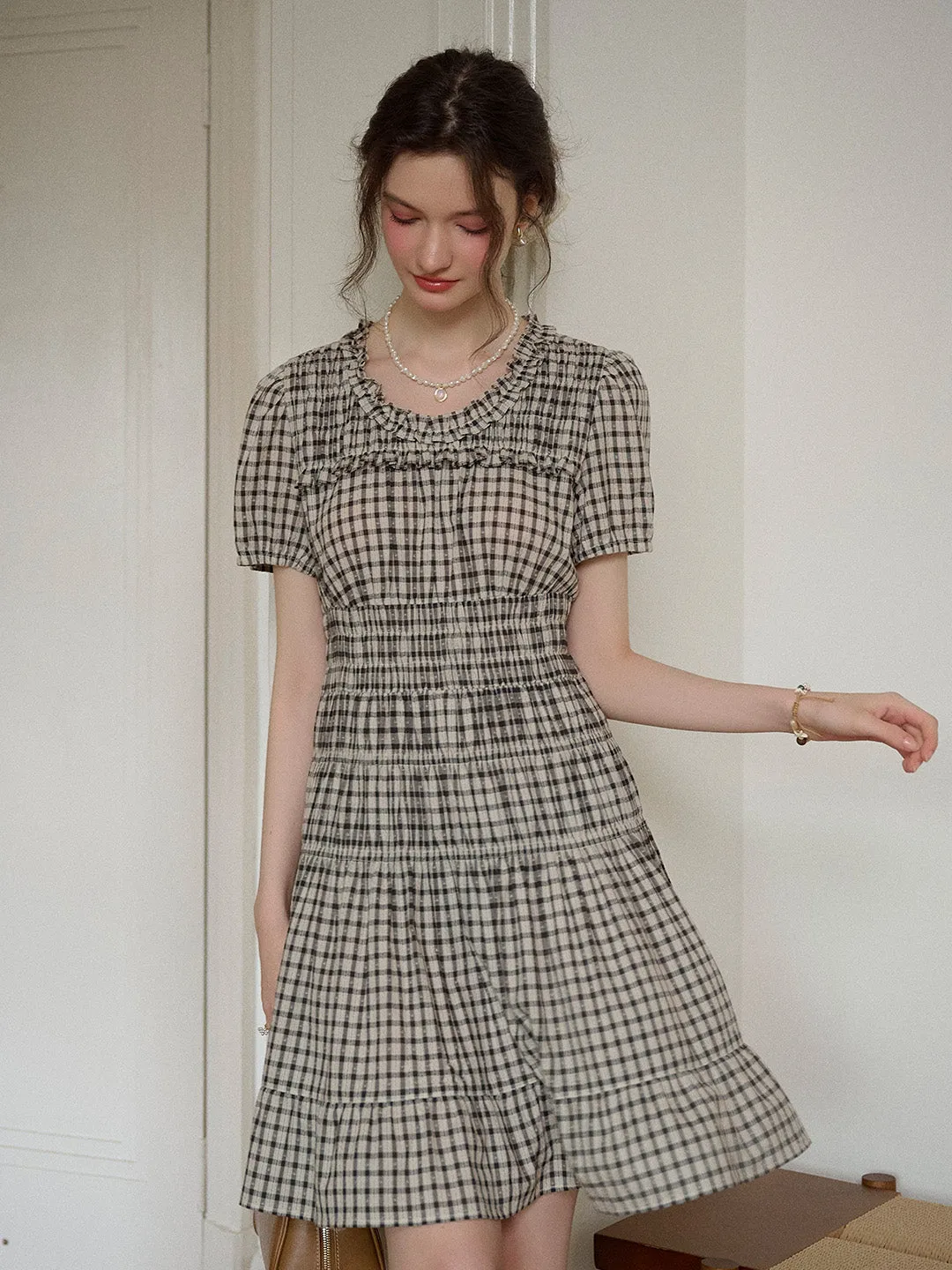 Avery Ruffle Round Neck Plaid Cotton Dress