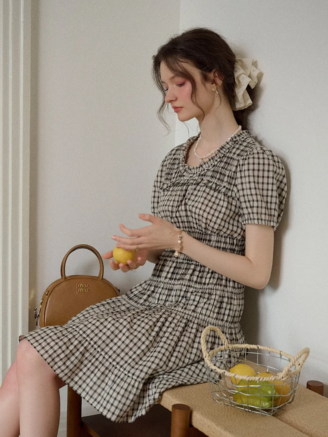 Avery Ruffle Round Neck Plaid Cotton Dress