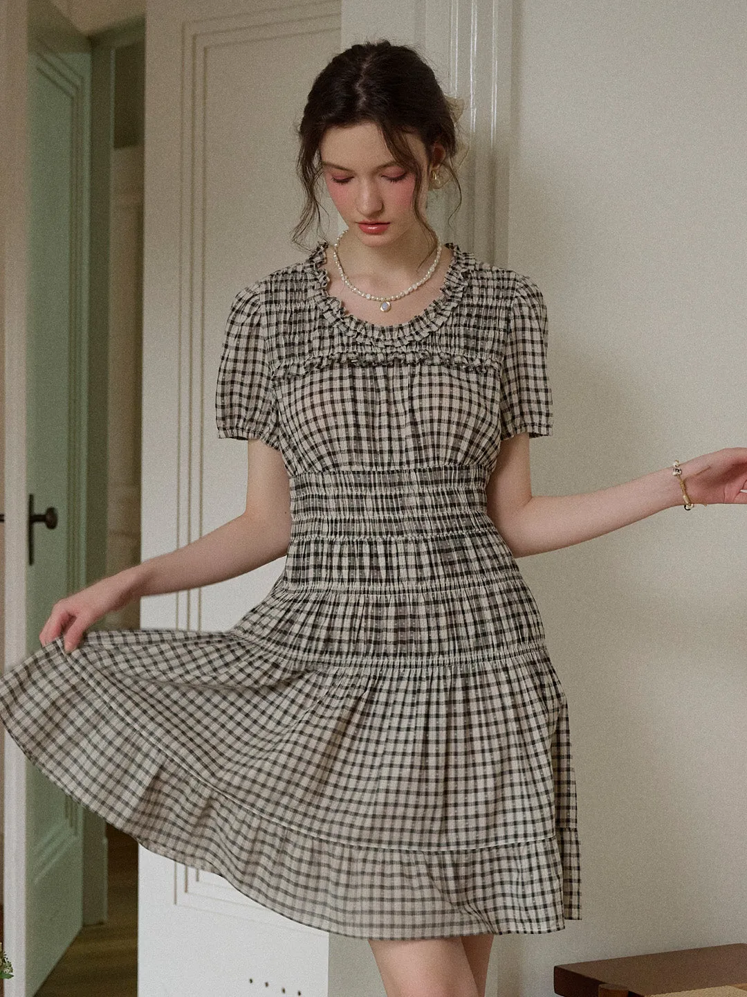 Avery Ruffle Round Neck Plaid Cotton Dress