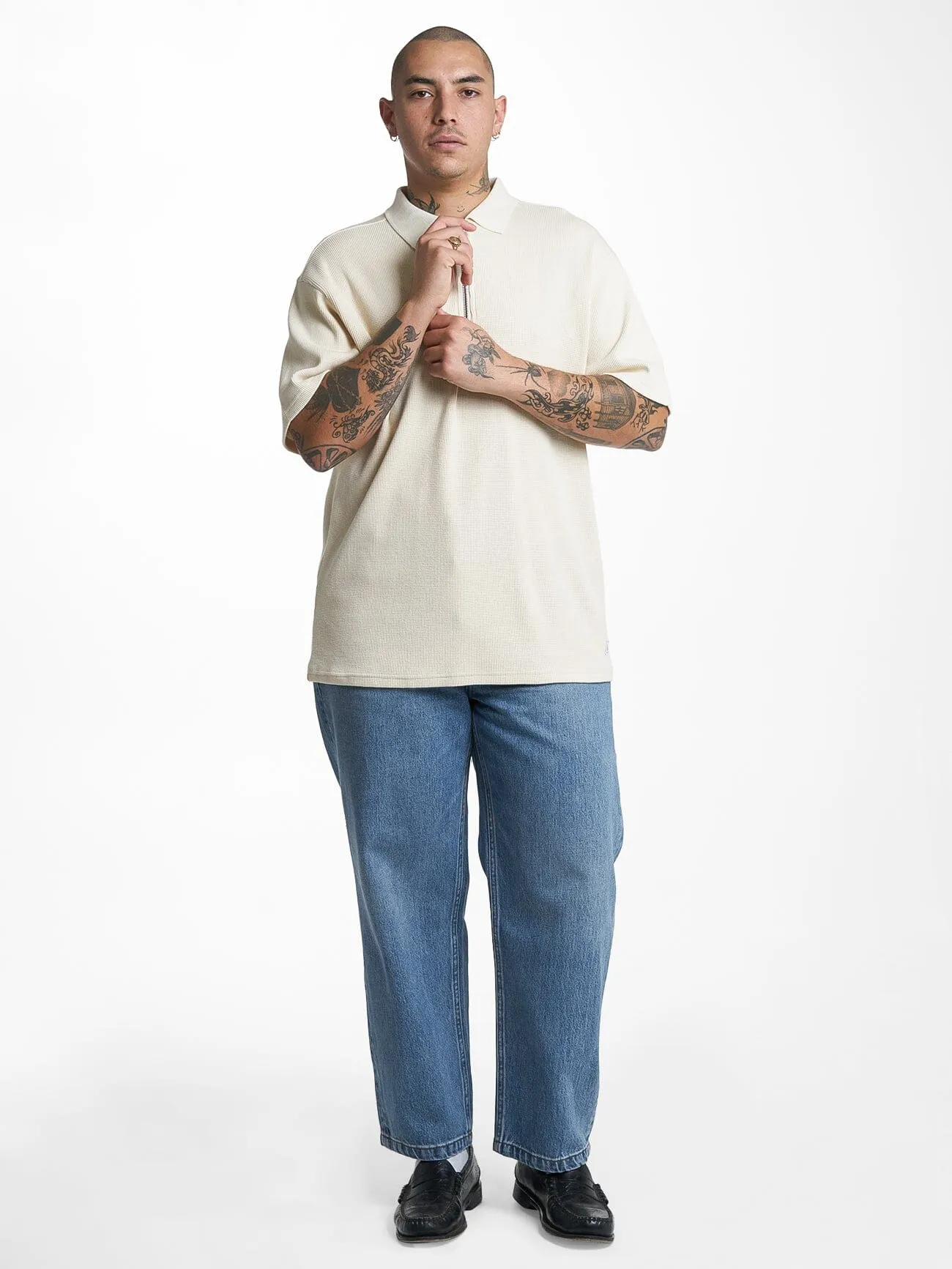 Beholder Waffle Three Quarter Zip Polo - Unbleached