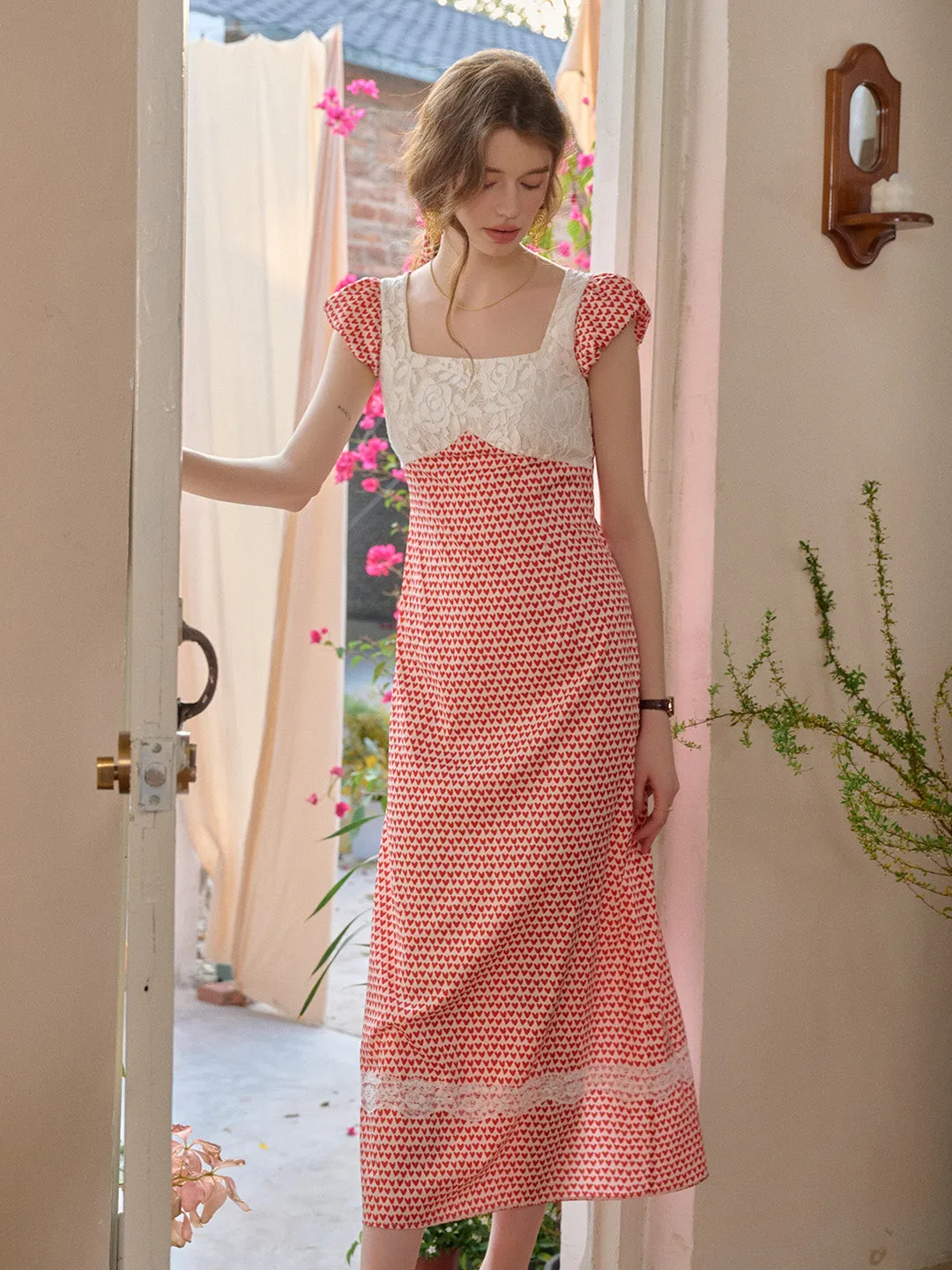 【Final Sale】Cathy Square Neck Heartcore Lace Dress
