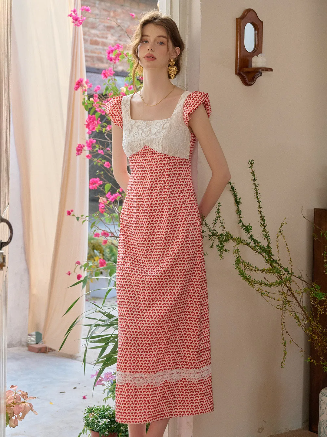 【Final Sale】Cathy Square Neck Heartcore Lace Dress