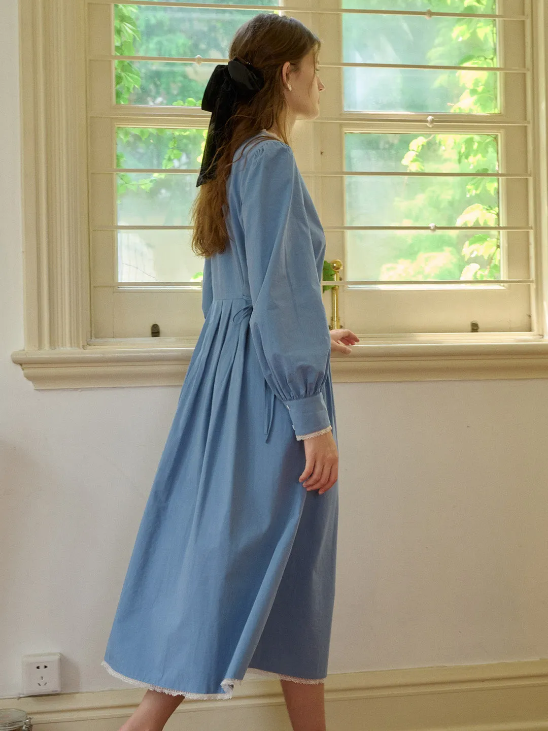 【Final Sale】Chandler V-Neck Trimmed Lace-up Contrasting Button Cotton Dress