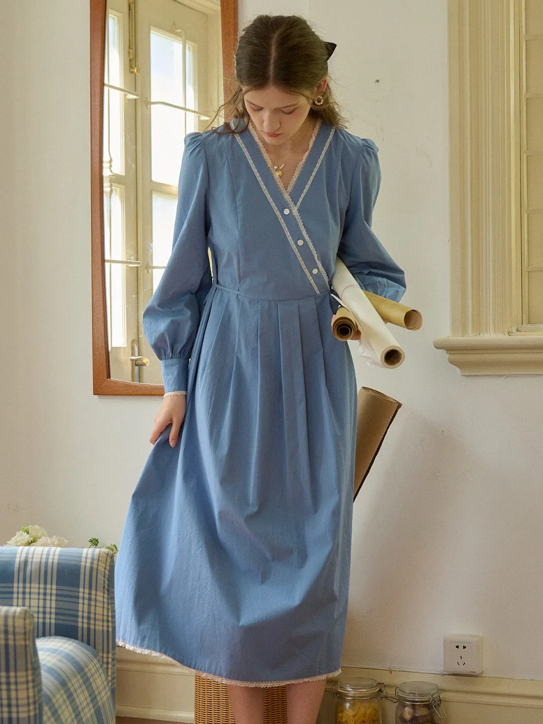 【Final Sale】Chandler V-Neck Trimmed Lace-up Contrasting Button Cotton Dress