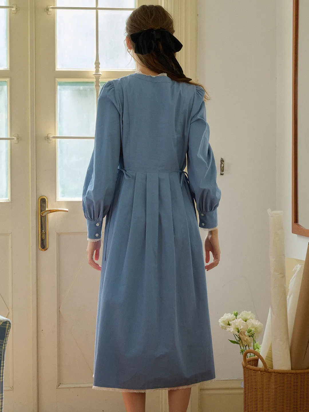 【Final Sale】Chandler V-Neck Trimmed Lace-up Contrasting Button Cotton Dress