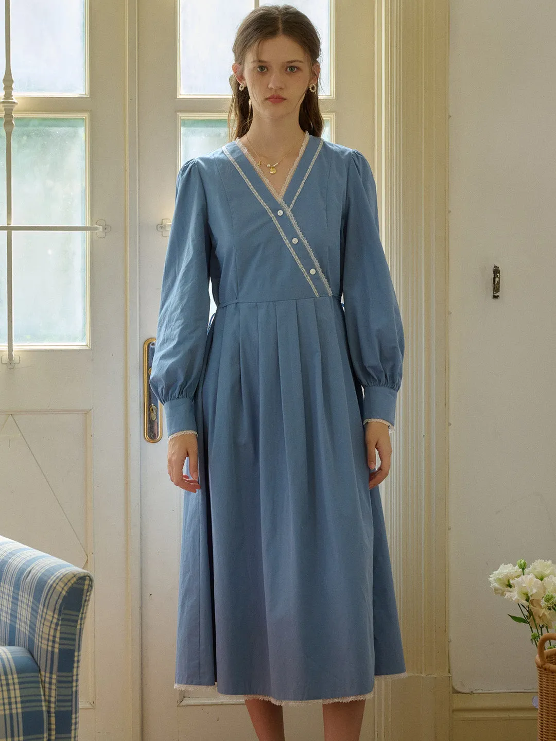 【Final Sale】Chandler V-Neck Trimmed Lace-up Contrasting Button Cotton Dress
