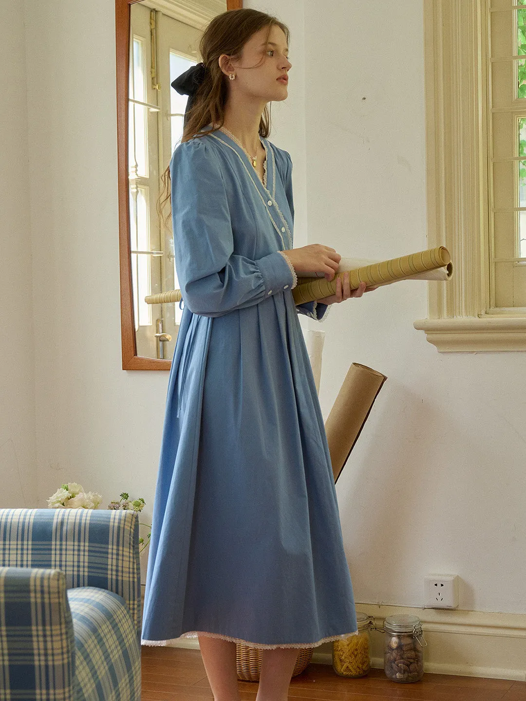 【Final Sale】Chandler V-Neck Trimmed Lace-up Contrasting Button Cotton Dress