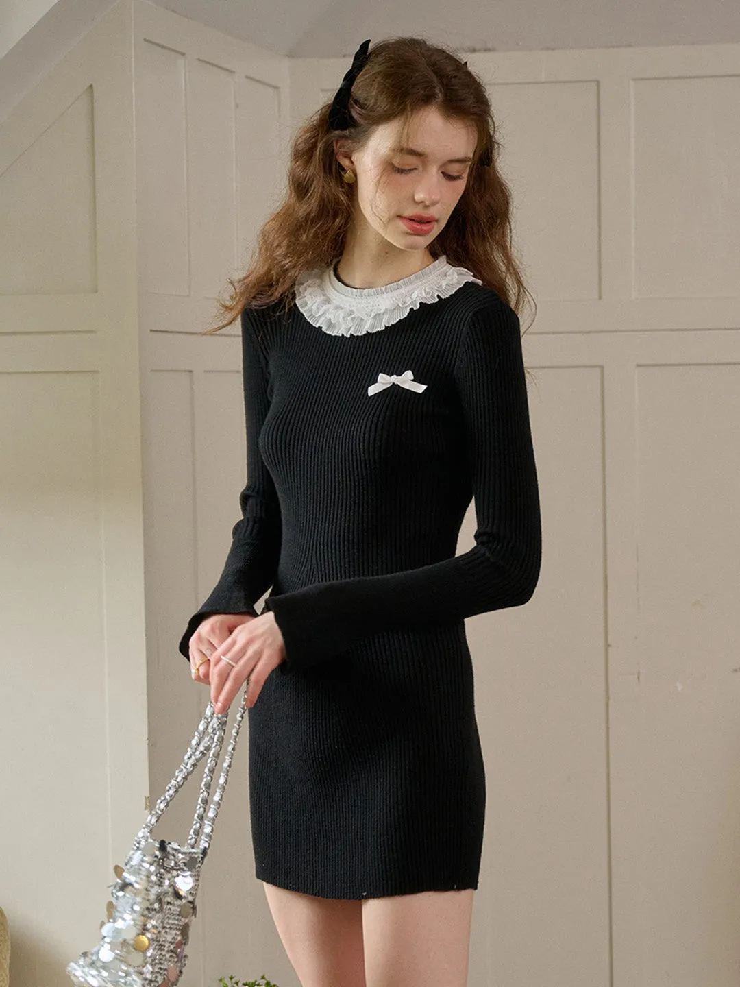 【Final Sale】Jill Lace Collar Contrasting Knit Dress