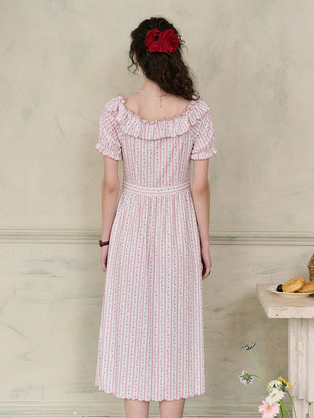 【Final Sale】Judith Square Collar Trimmed Floral Bow Stripe Dress