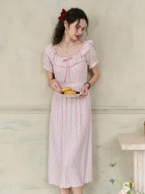 【Final Sale】Judith Square Collar Trimmed Floral Bow Stripe Dress