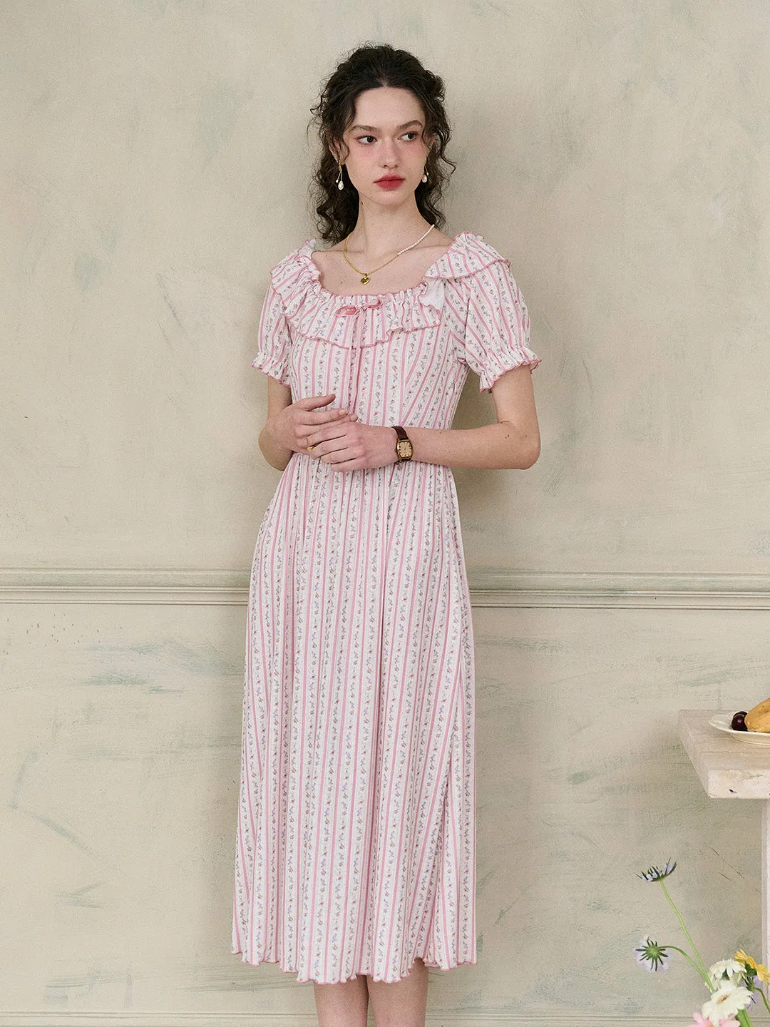 【Final Sale】Judith Square Collar Trimmed Floral Bow Stripe Dress
