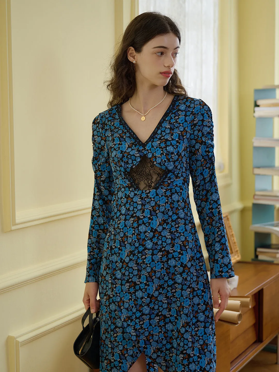 【Final Sale】Kenna V-neck Hollow Lace Paneling Irregular Hem Dress