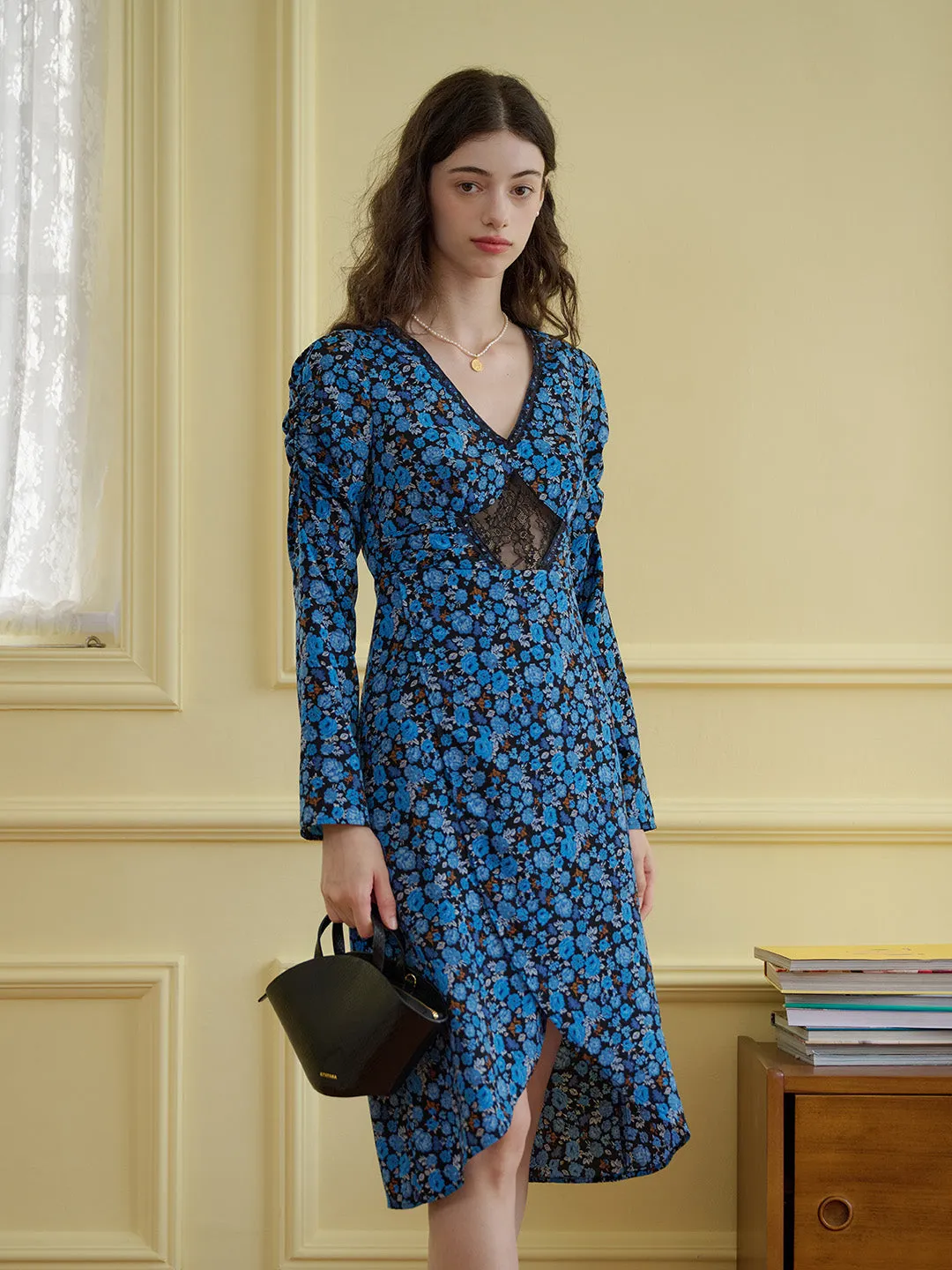 【Final Sale】Kenna V-neck Hollow Lace Paneling Irregular Hem Dress