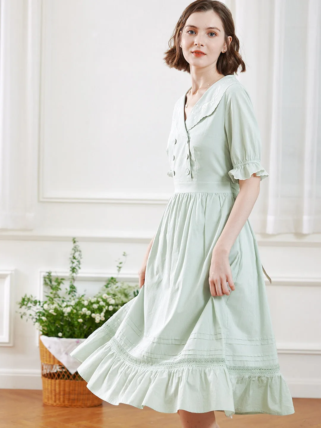 【Final Sale】Leyla Vintage Lapel Embroidered Cotton Dress