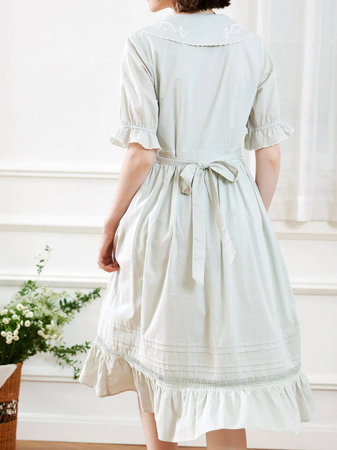 【Final Sale】Leyla Vintage Lapel Embroidered Cotton Dress