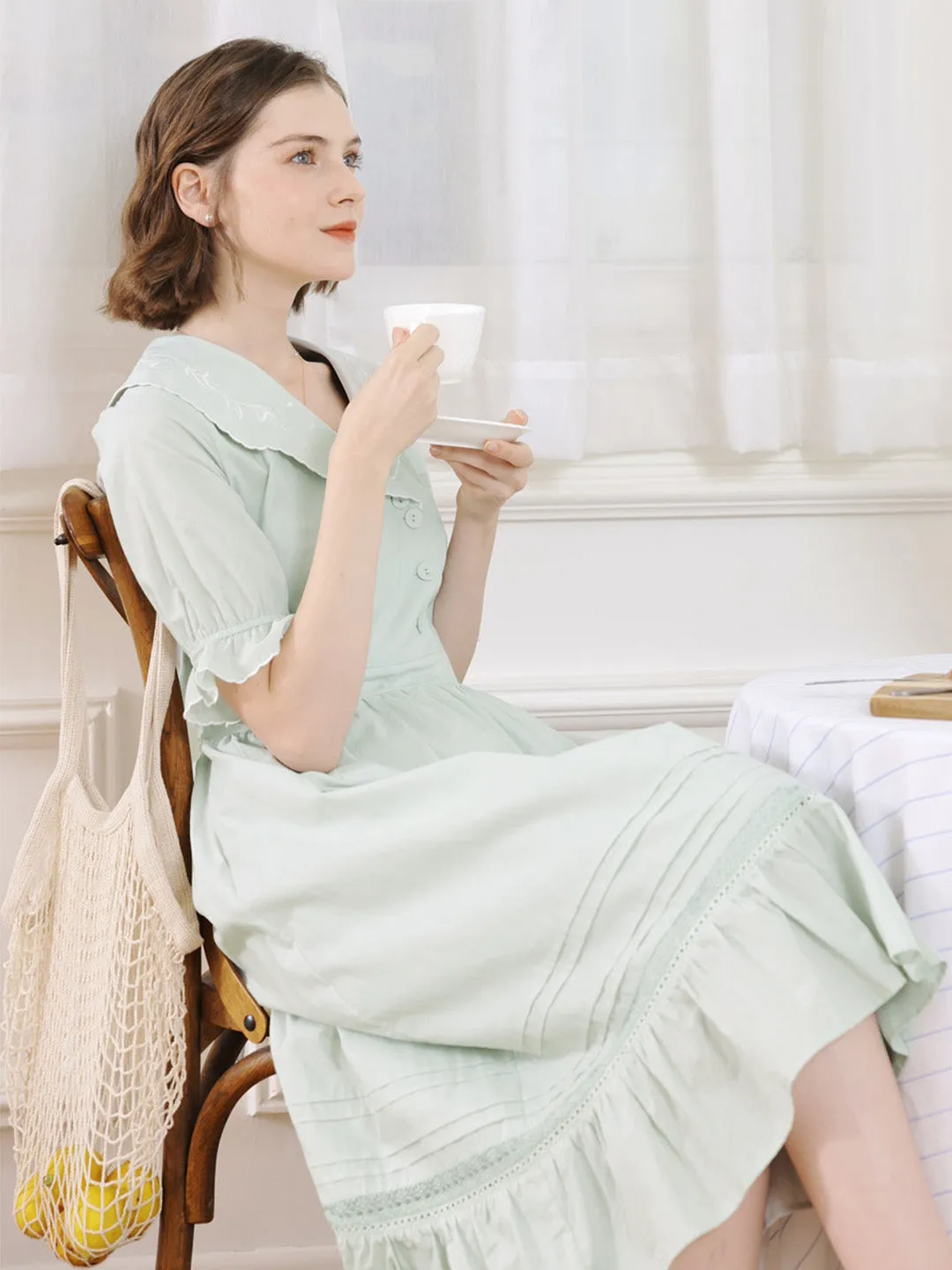 【Final Sale】Leyla Vintage Lapel Embroidered Cotton Dress