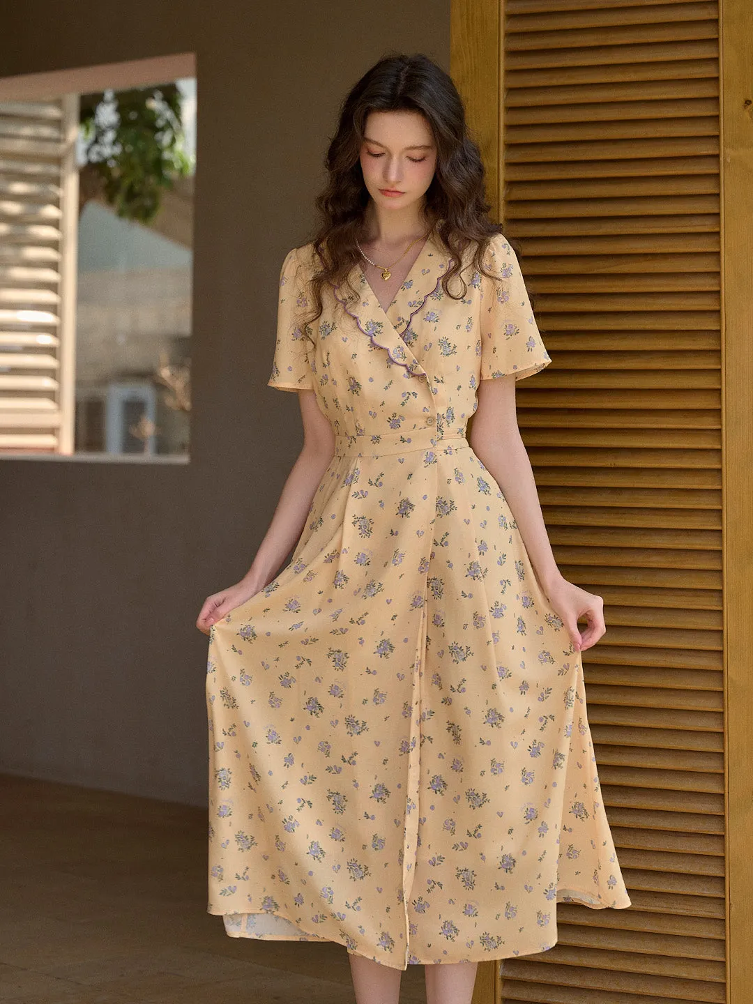 【Final Sale】Louisa Ruffle V-Neck Floral Waist Dress - Yellow