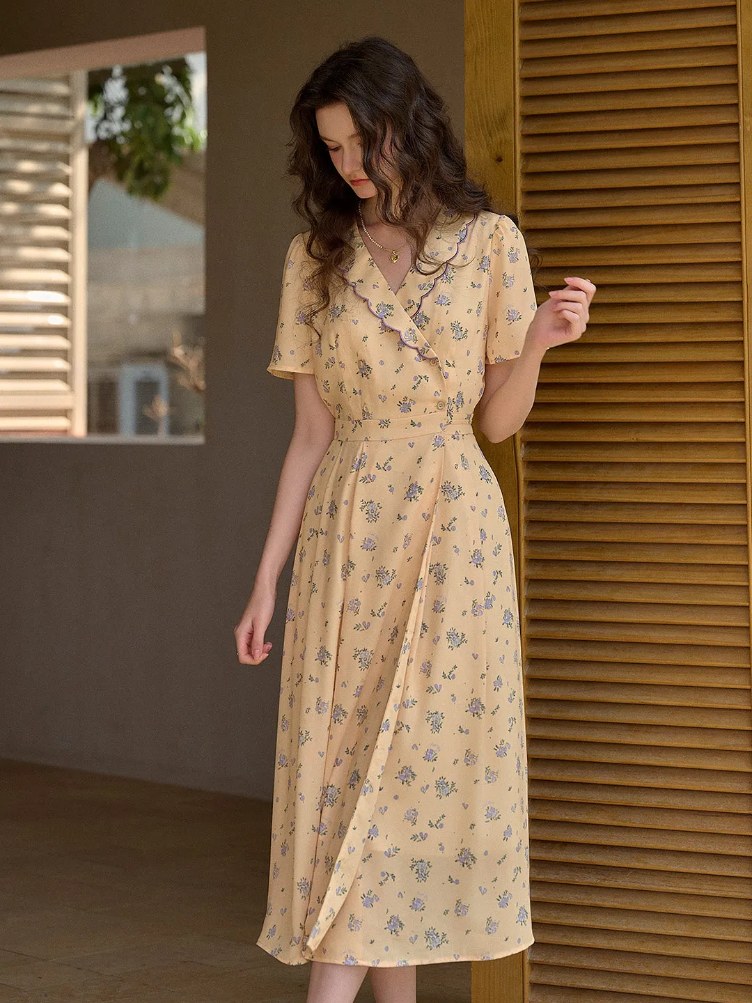 【Final Sale】Louisa Ruffle V-Neck Floral Waist Dress - Yellow