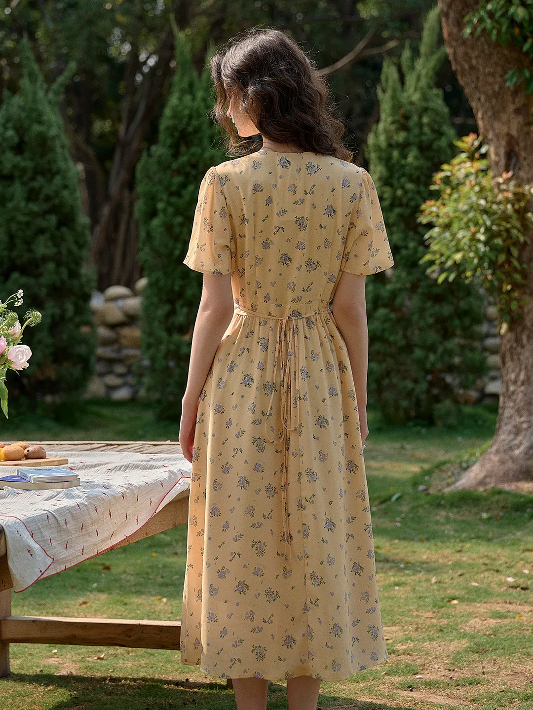 【Final Sale】Louisa Ruffle V-Neck Floral Waist Dress - Yellow