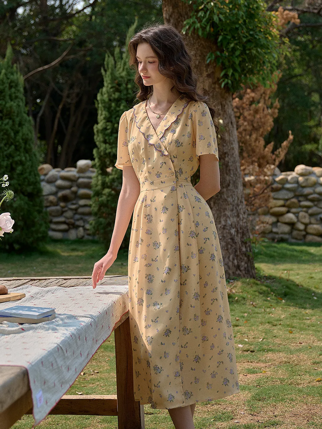 【Final Sale】Louisa Ruffle V-Neck Floral Waist Dress - Yellow