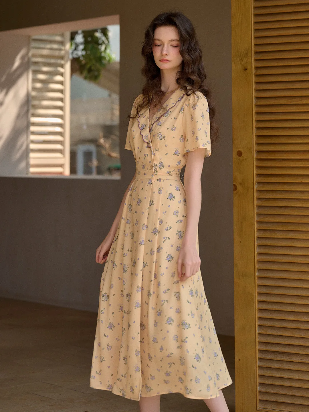 【Final Sale】Louisa Ruffle V-Neck Floral Waist Dress - Yellow