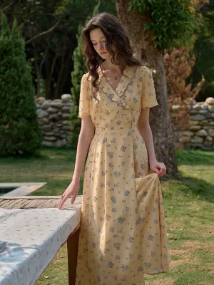 【Final Sale】Louisa Ruffle V-Neck Floral Waist Dress - Yellow