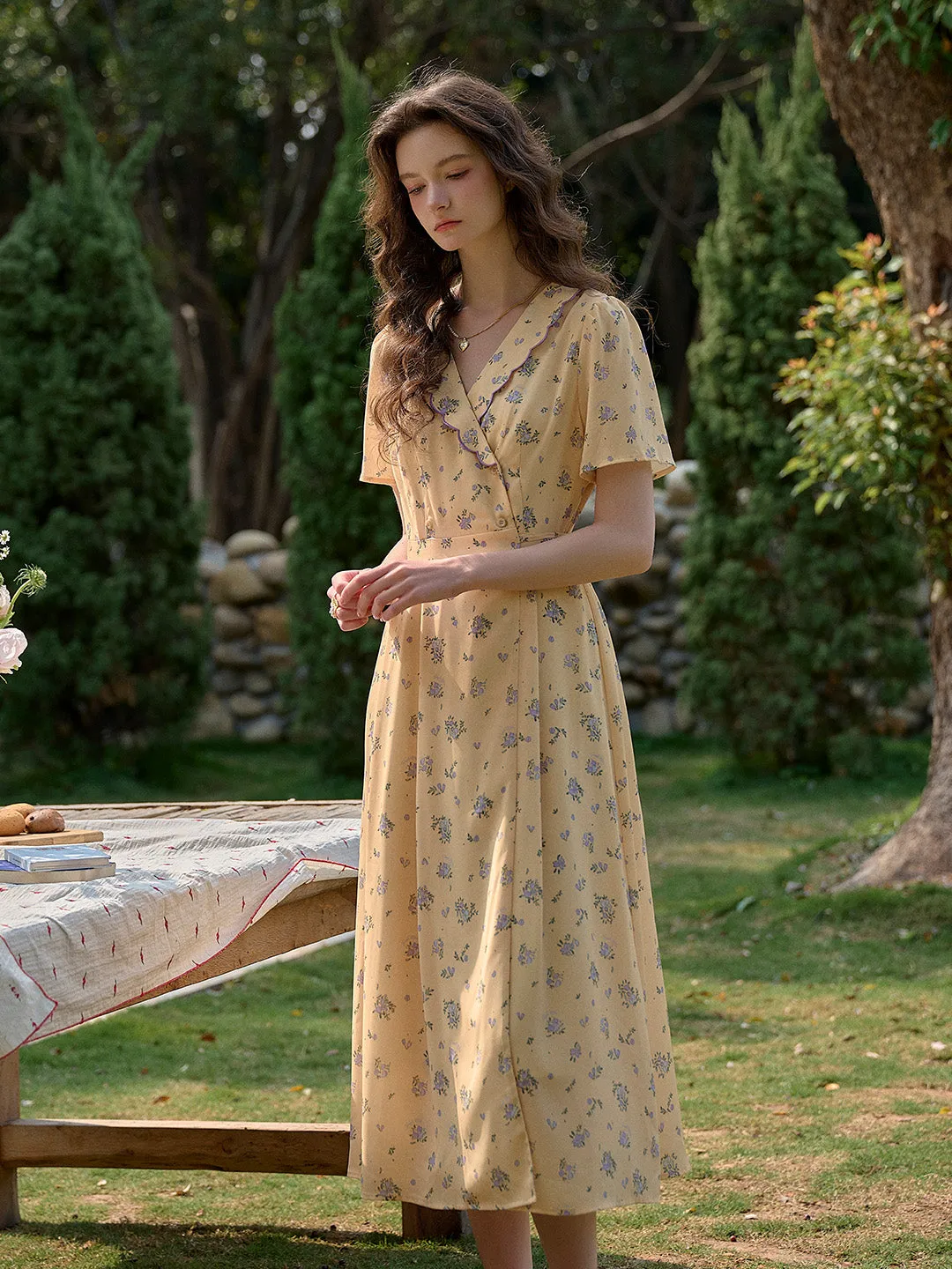 【Final Sale】Louisa Ruffle V-Neck Floral Waist Dress - Yellow