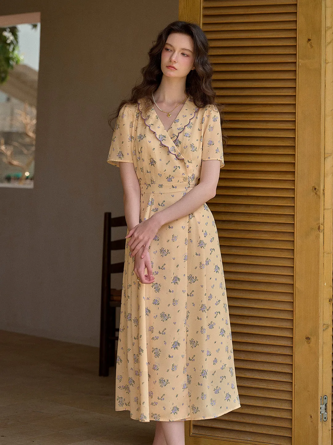 【Final Sale】Louisa Ruffle V-Neck Floral Waist Dress - Yellow