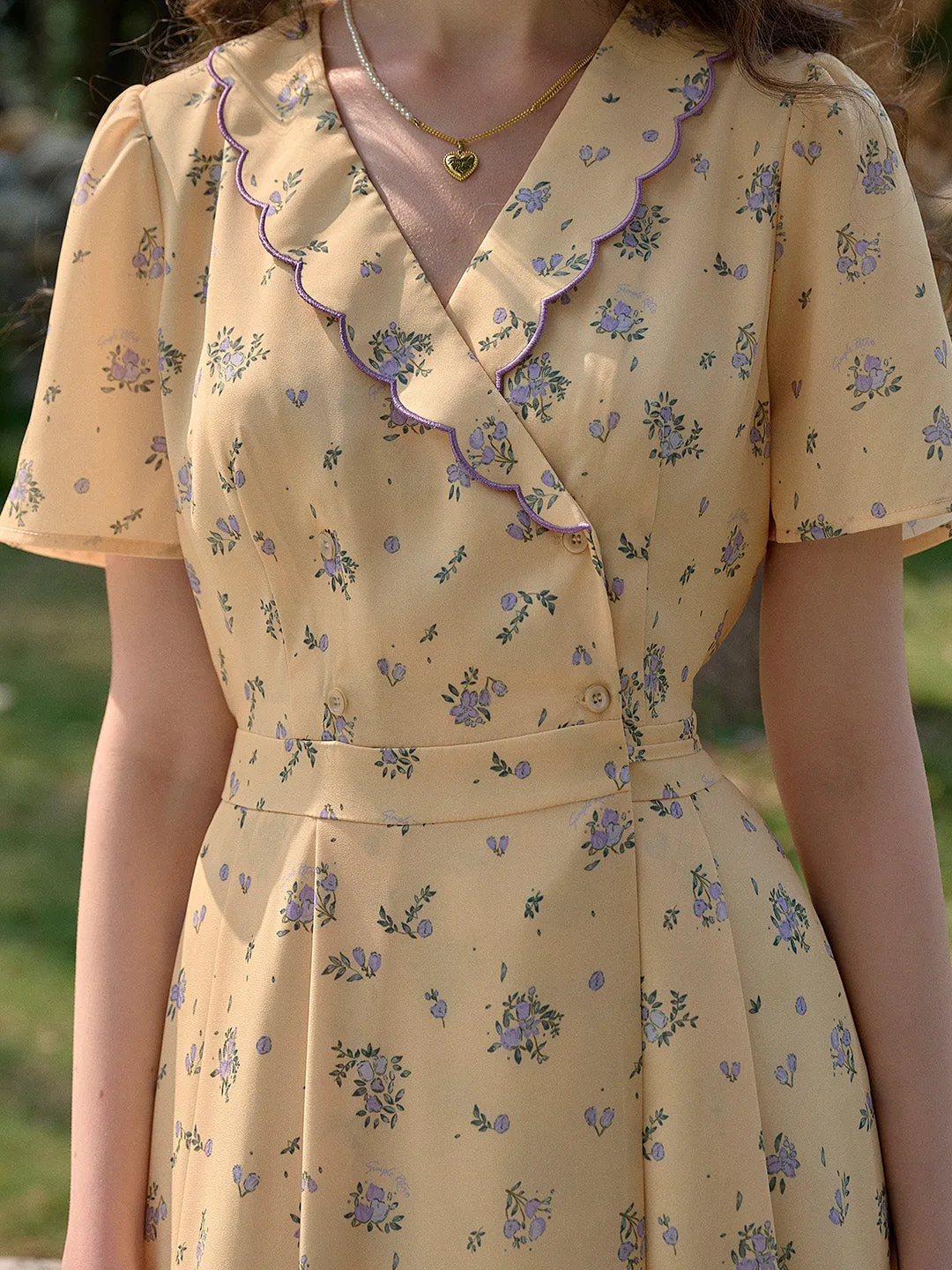 【Final Sale】Louisa Ruffle V-Neck Floral Waist Dress - Yellow