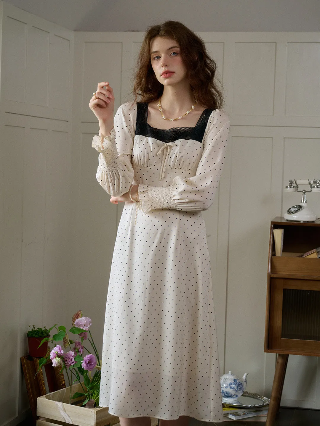 【Final Sale】Mazie Square Collar Polka Dots Contrasting Lace-up Dress