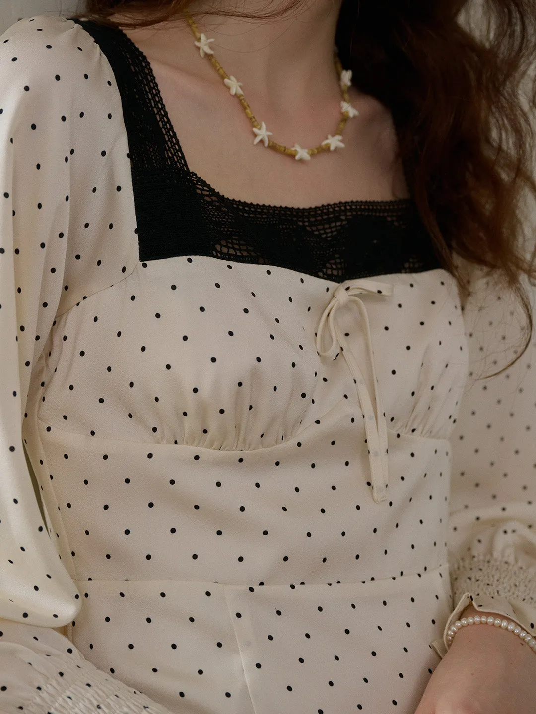 【Final Sale】Mazie Square Collar Polka Dots Contrasting Lace-up Dress