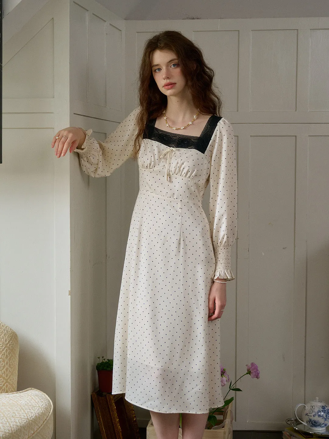 【Final Sale】Mazie Square Collar Polka Dots Contrasting Lace-up Dress