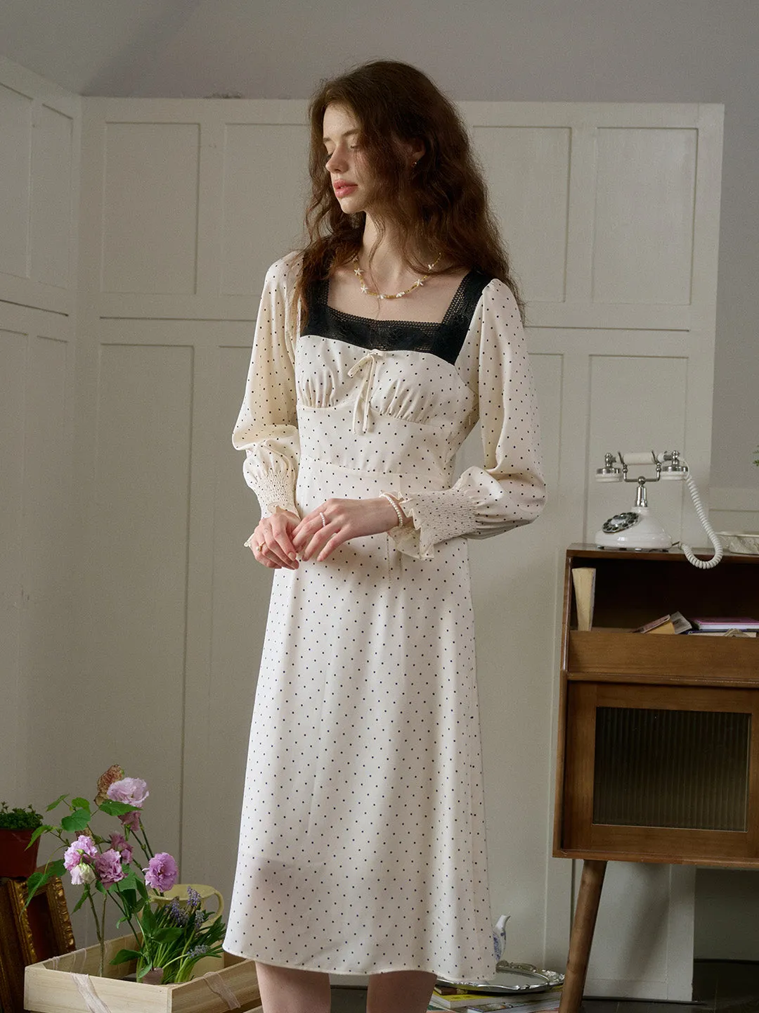 【Final Sale】Mazie Square Collar Polka Dots Contrasting Lace-up Dress