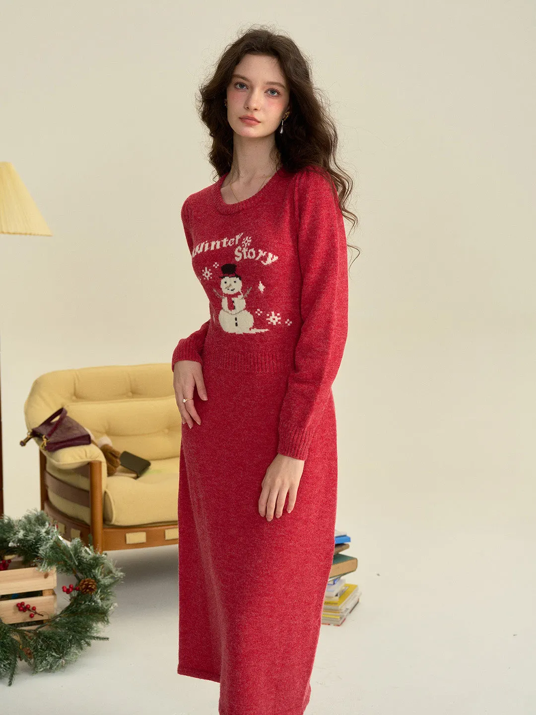 【Final Sale】Natalie Round Neck Snowman Wool Dress