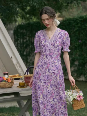 【Final Sale】Stormi Charming V-neck Lace Trimmed Floral Print Dress - Purple