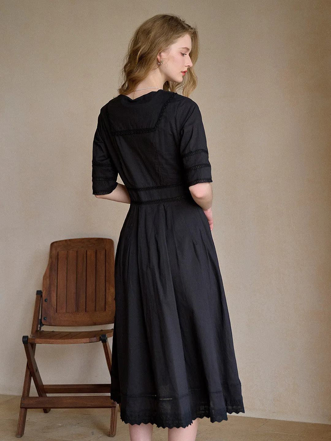 Fiona 100% Cotton Black Midi Dress