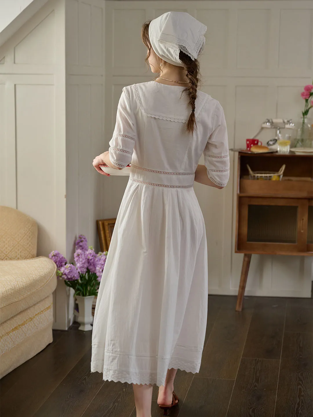 Fiona 100% Cotton White Midi Dress