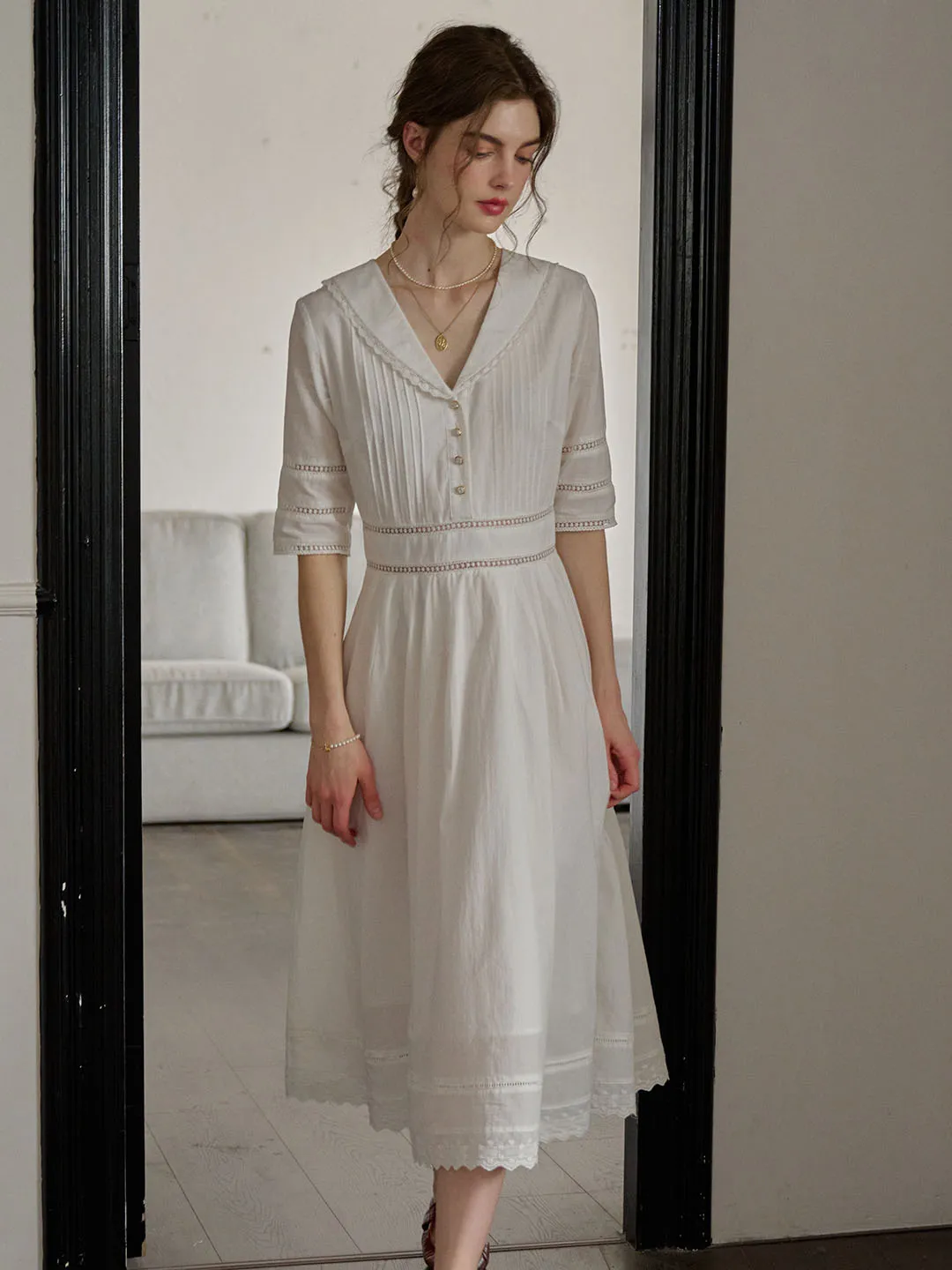 Fiona 100% Cotton White Midi Dress